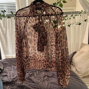 {AKIRA} cheetah print pussycat scarf sheer blouse with ballon sleeve cuffs